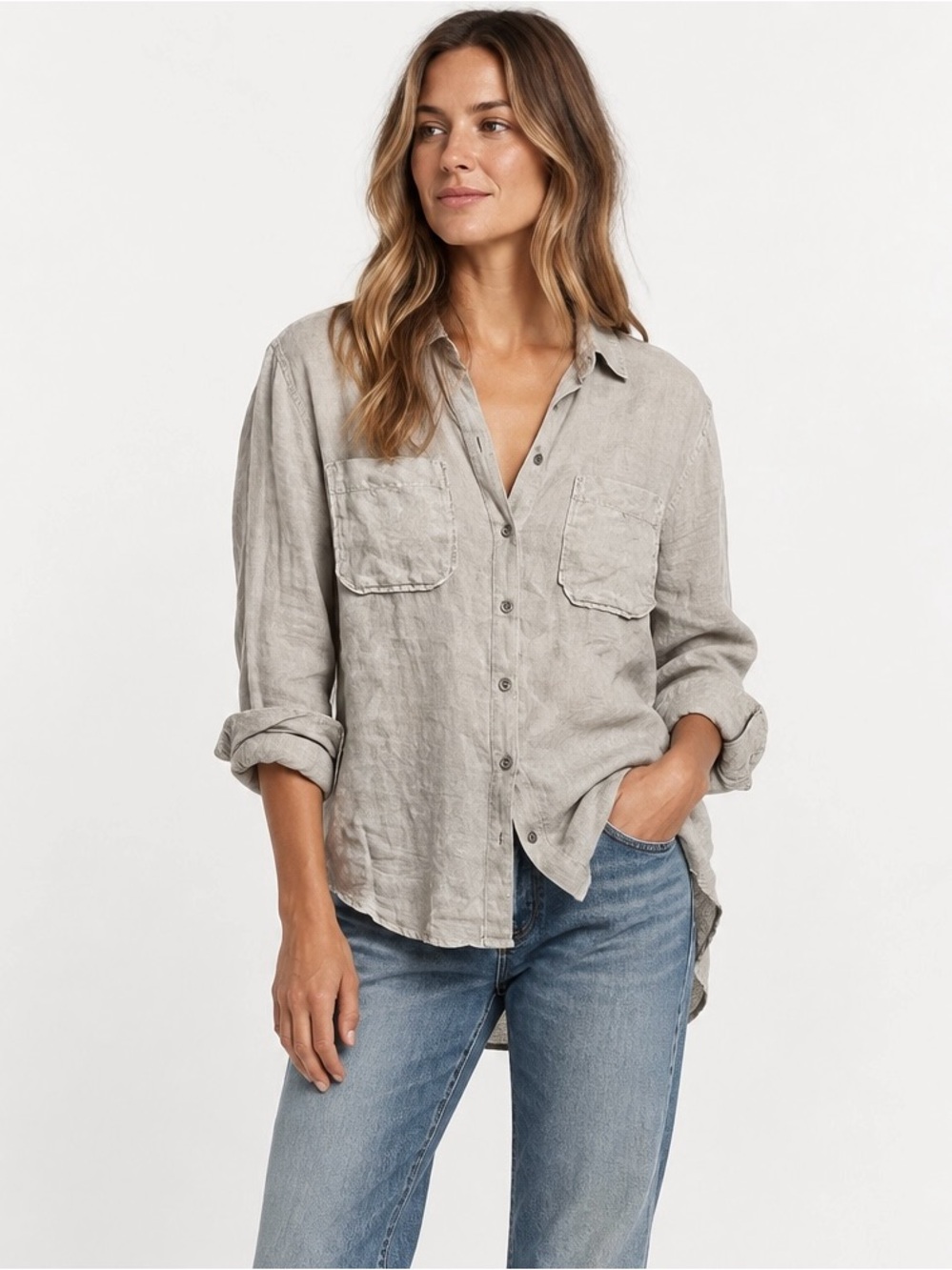 James Perse Casual Linen Long Sleeve Shirt Taupe oversized high low quiet luxury
